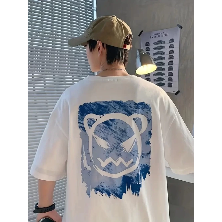 Baskılı Oversize Bisiklet Yaka T-shirt - Beyaz