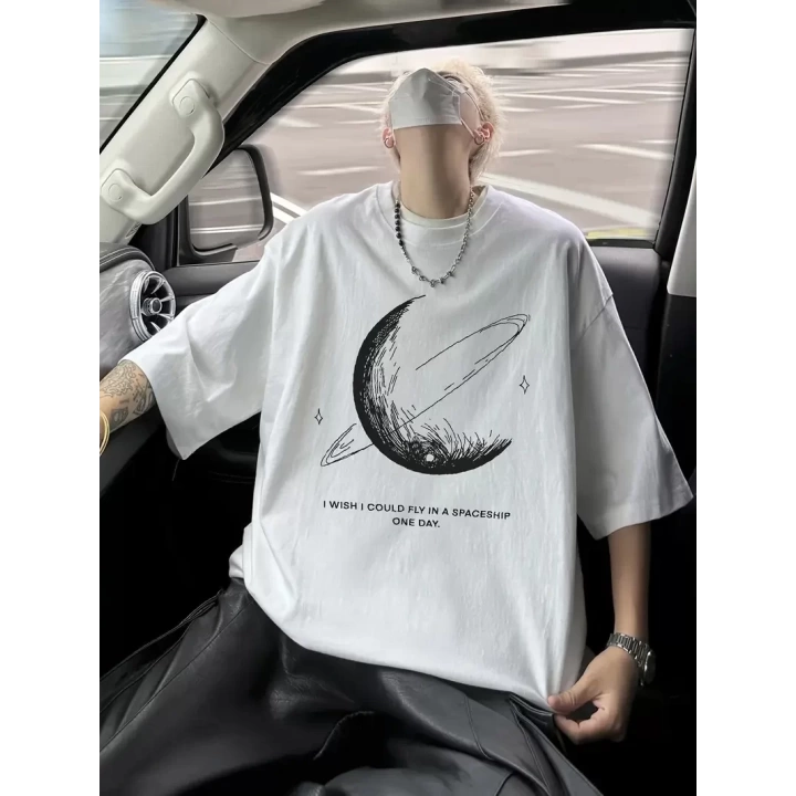 Baskılı Oversize Bisiklet Yaka T-shirt - Beyaz
