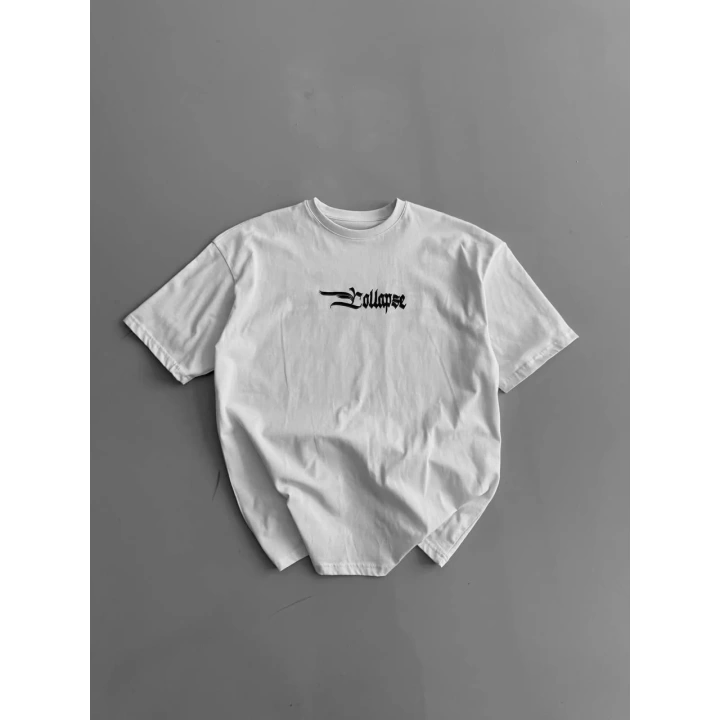 Baskılı Oversize Bisiklet Yaka T-shirt - Beyaz