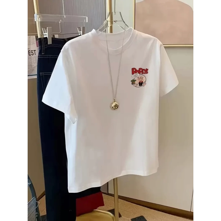 Baskılı Oversize Bisiklet Yaka T-shirt - Beyaz