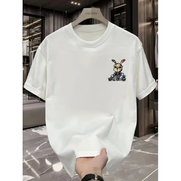 Baskılı Oversize Bisiklet Yaka T-shirt - Beyaz