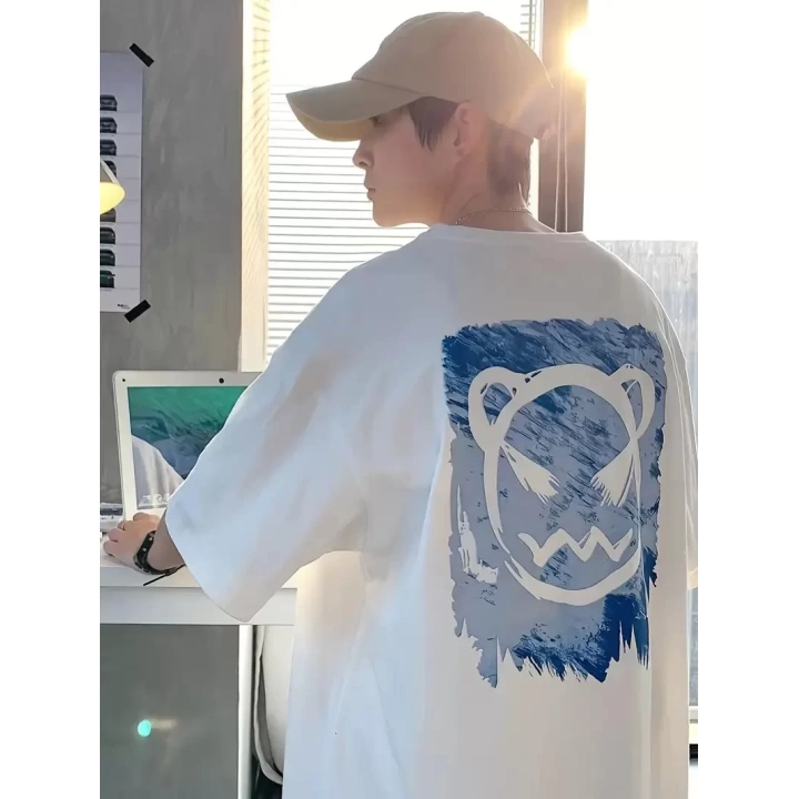 Baskılı Oversize Bisiklet Yaka T-shirt - Beyaz