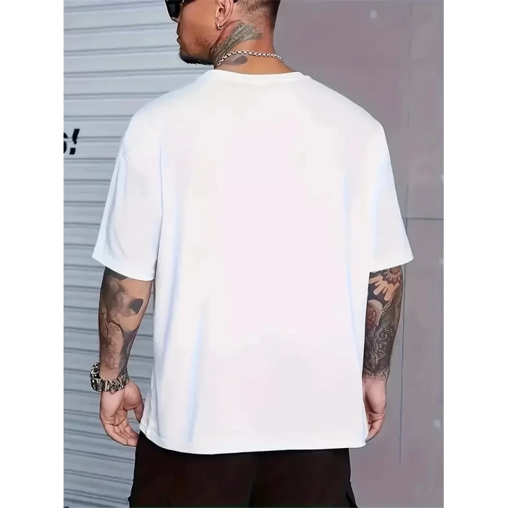 Baskılı Oversize Bisiklet Yaka T-shirt - Beyaz