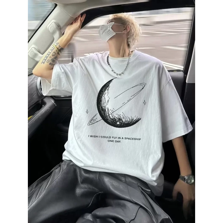 Baskılı Oversize Bisiklet Yaka T-shirt - Beyaz
