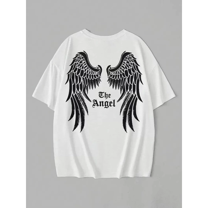 Baskılı Oversize Bisiklet Yaka T-shirt - Beyaz