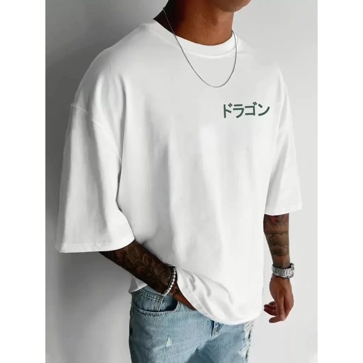 Baskılı Oversize Bisiklet Yaka T-shirt - Beyaz