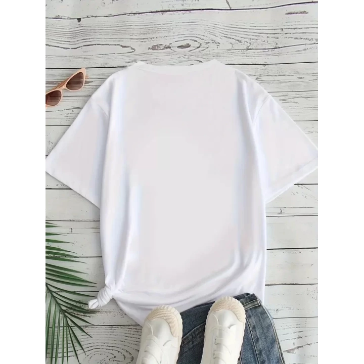 Baskılı Oversize Bisiklet Yaka T-shirt - Beyaz