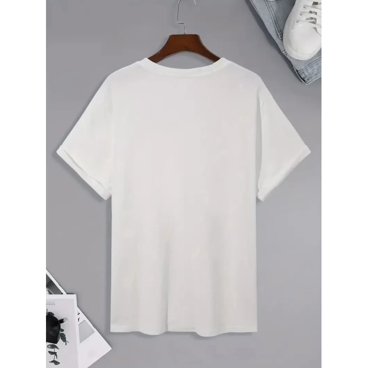 Baskılı Oversize Bisiklet Yaka T-shirt - Beyaz