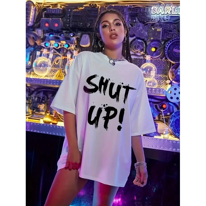 Baskılı Oversize Bisiklet Yaka T-shirt - Beyaz