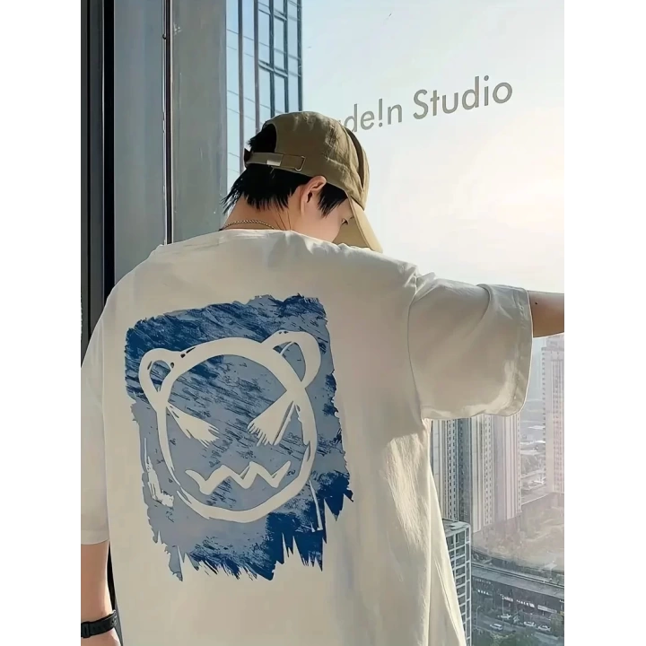 Baskılı Oversize Bisiklet Yaka T-shirt - Beyaz