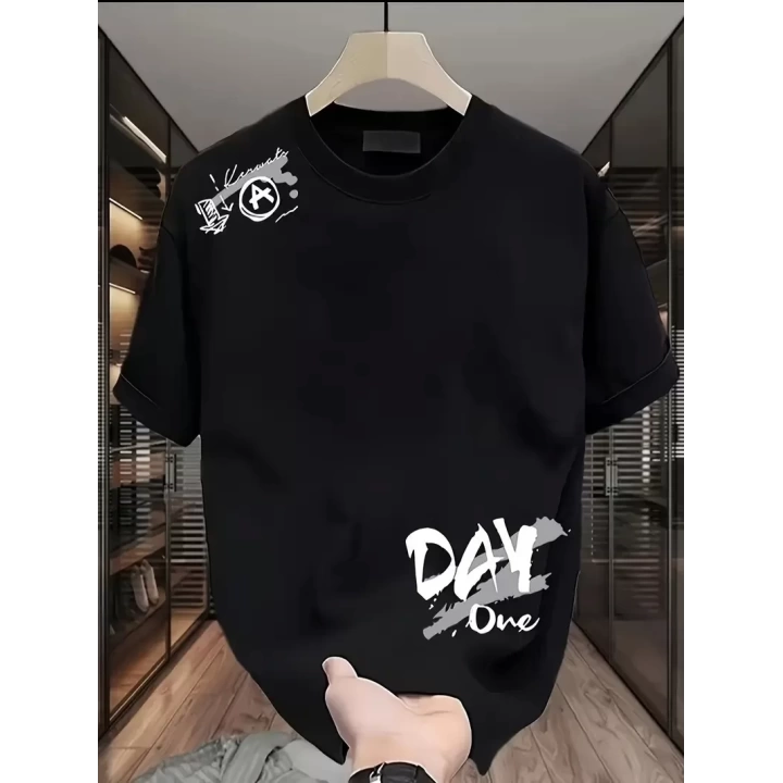 Baskılı Oversize Bisiklet Yaka T-shirt - Siyah