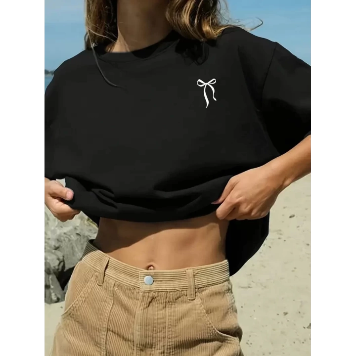 Baskılı Oversize Bisiklet Yaka T-shirt - Siyah