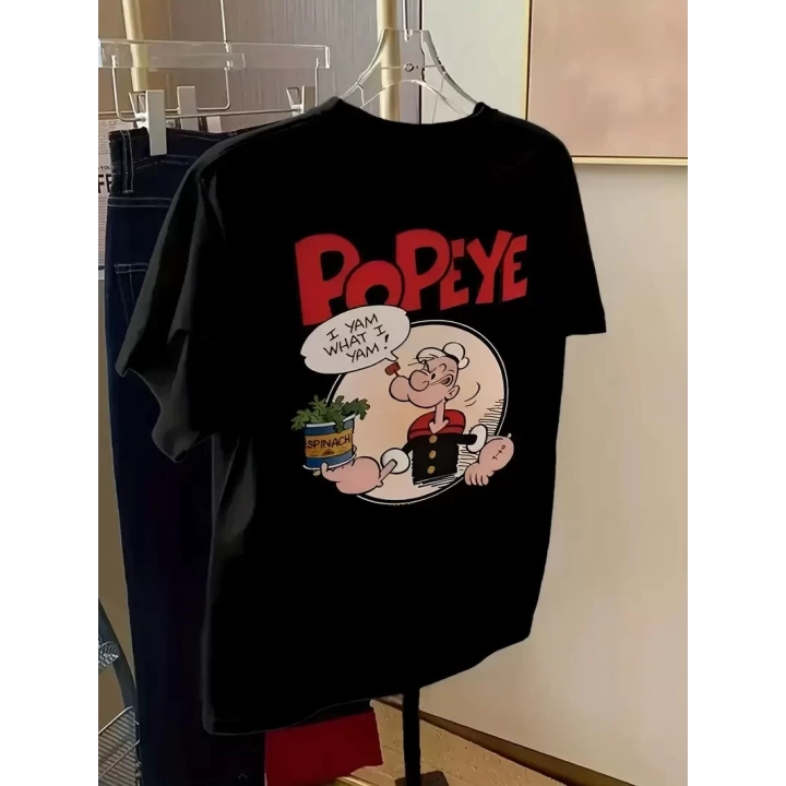 Baskılı Oversize Bisiklet Yaka T-shirt - Siyah