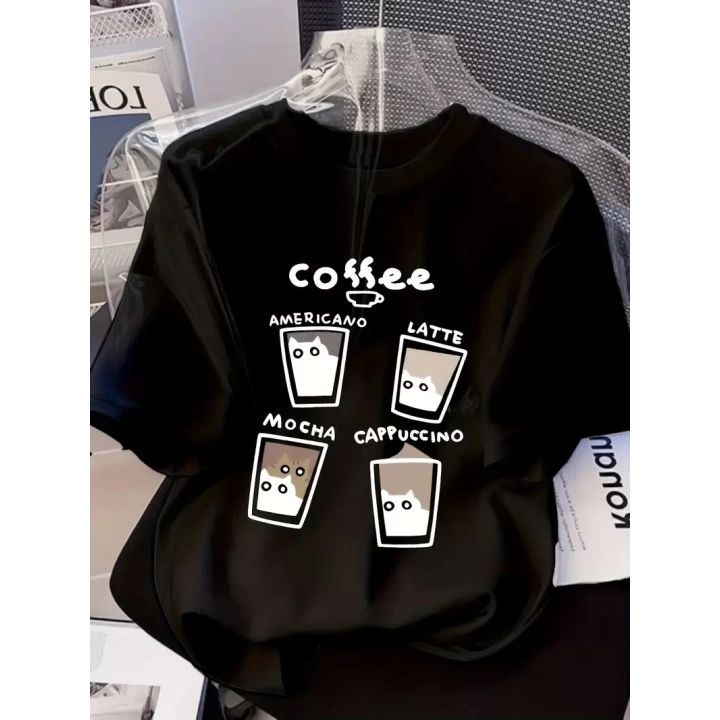 Baskılı Oversize Bisiklet Yaka T-shirt - Siyah