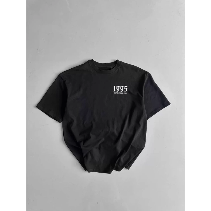 Baskılı Oversize Bisiklet Yaka T-shirt - Siyah
