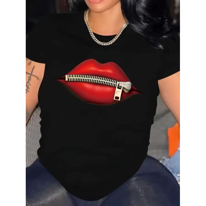 Baskılı Oversize Bisiklet Yaka T-shirt - Siyah