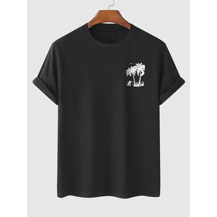 Baskılı Oversize Bisiklet Yaka T-shirt - Siyah