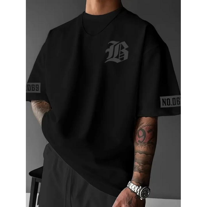 Baskılı Oversize Bisiklet Yaka T-shirt - Siyah