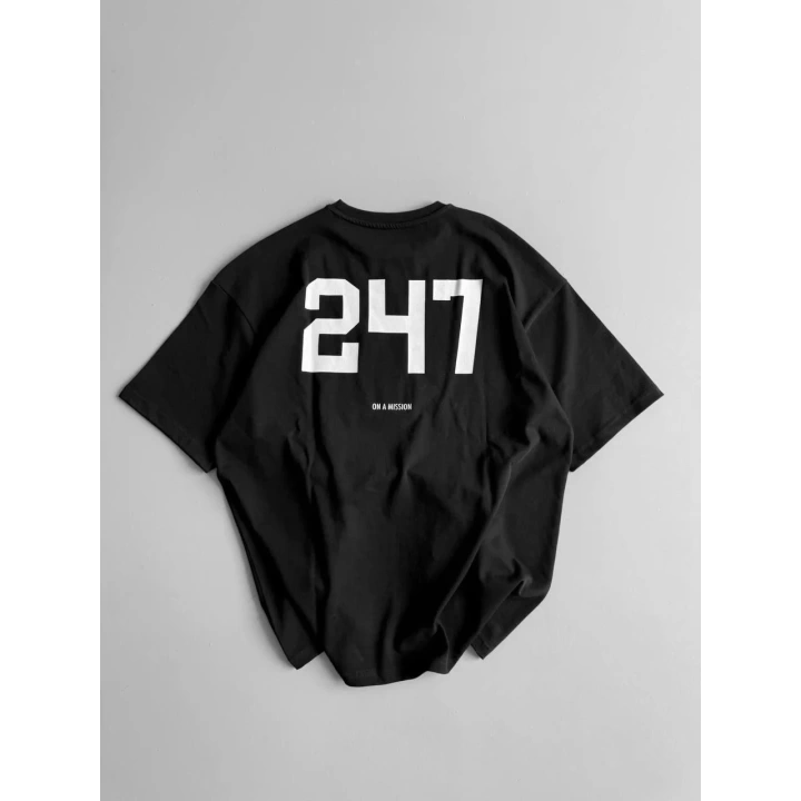 Baskılı Oversize Bisiklet Yaka T-shirt - Siyah