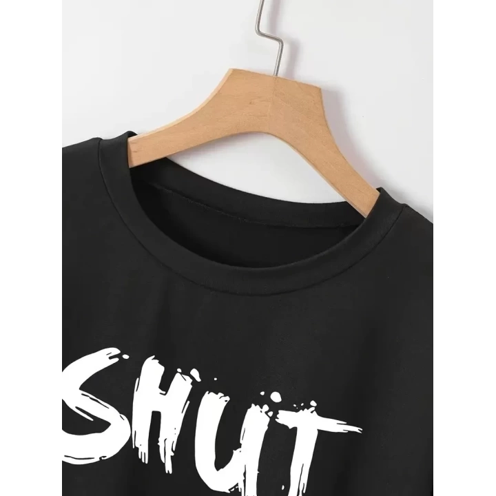 Baskılı Oversize Bisiklet Yaka T-shirt - Siyah