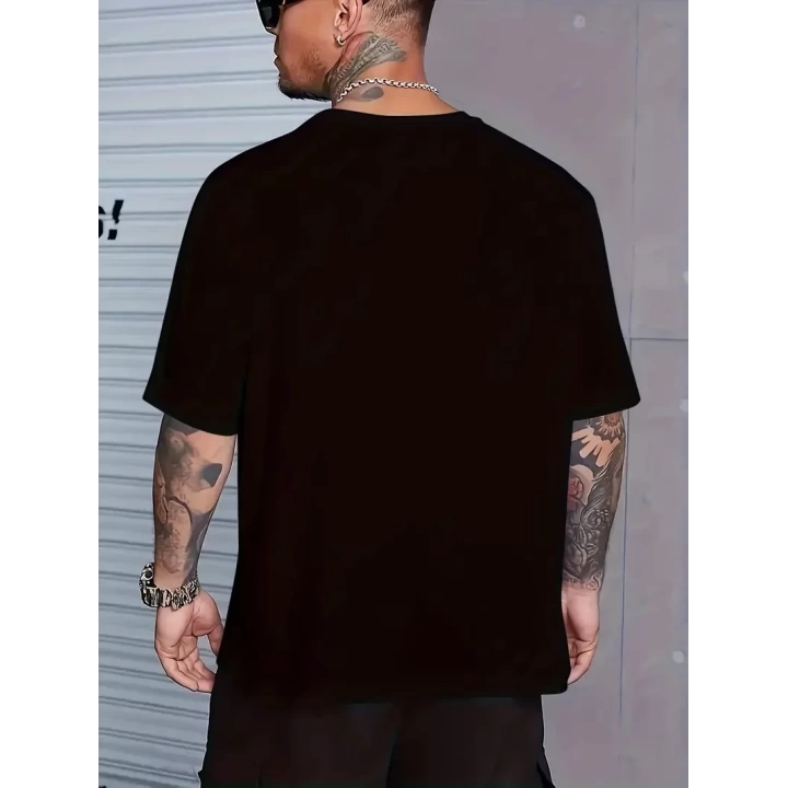 Baskılı Oversize Bisiklet Yaka T-shirt - Siyah
