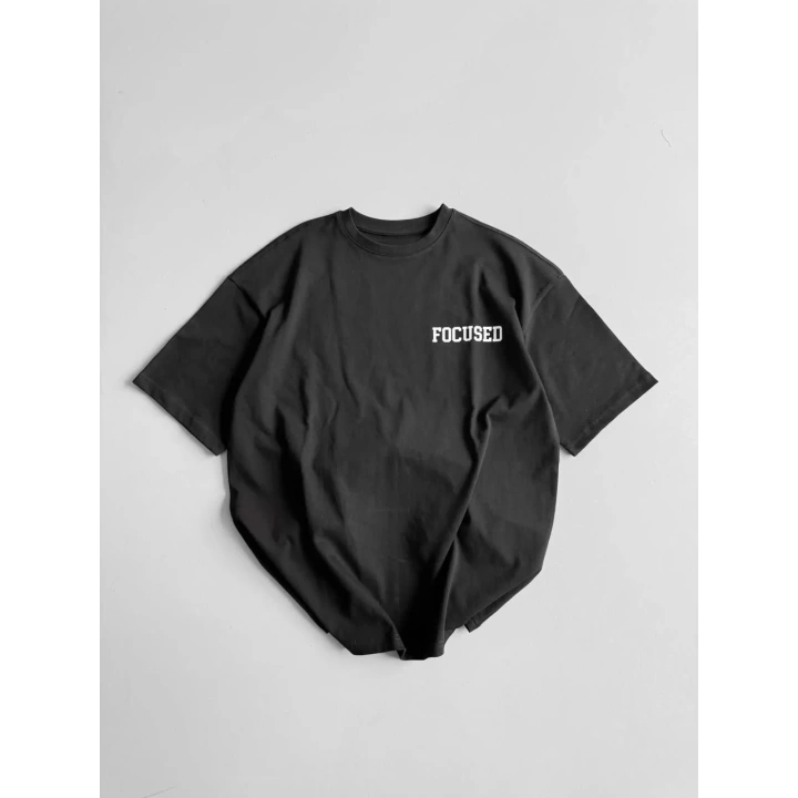 Baskılı Oversize Bisiklet Yaka T-shirt - Siyah