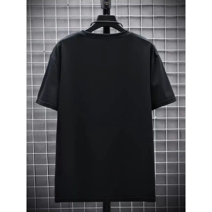 Baskılı Oversize Bisiklet Yaka T-shirt - Siyah