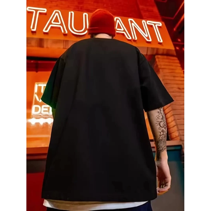 Baskılı Oversize Bisiklet Yaka T-shirt - Siyah