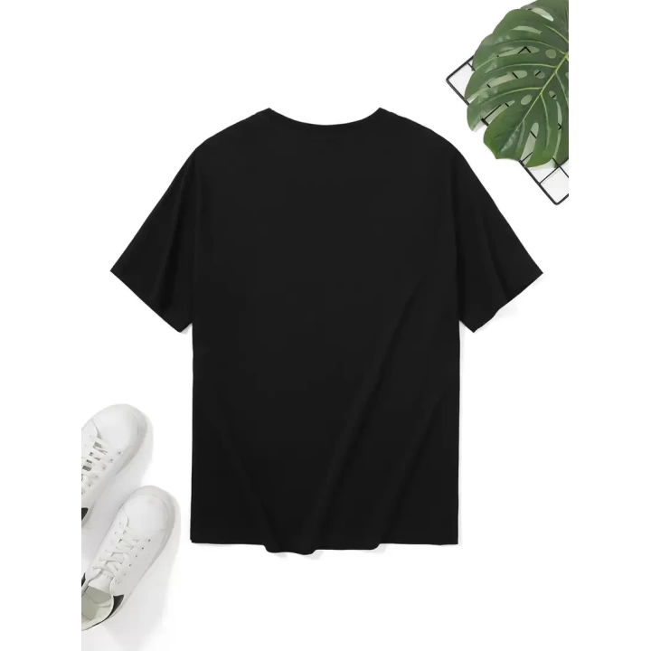 Baskılı Oversize Bisiklet Yaka T-shirt - Siyah