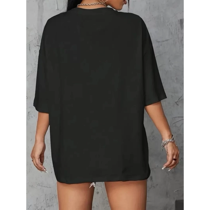 Baskılı Oversize Bisiklet Yaka T-shirt - Siyah