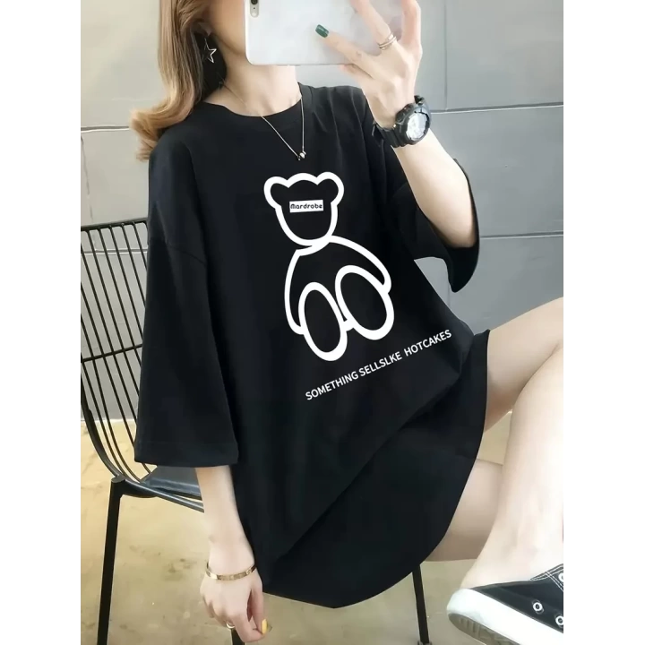 Baskılı Oversize Bisiklet Yaka T-shirt - Siyah