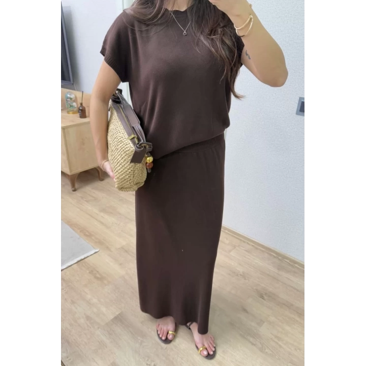 Bisiklet Yaka Bluz Uzun Etekli ikili Takım Triko - Kahve