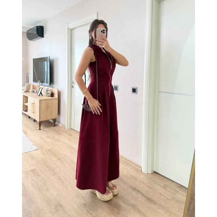 Dik Yuvarlak Yaka Önden Fermuarlı Sifir Kol Beli Oturtmalı Kolsuz Cepli Çan Etekli Uzun Elbise - Bordo