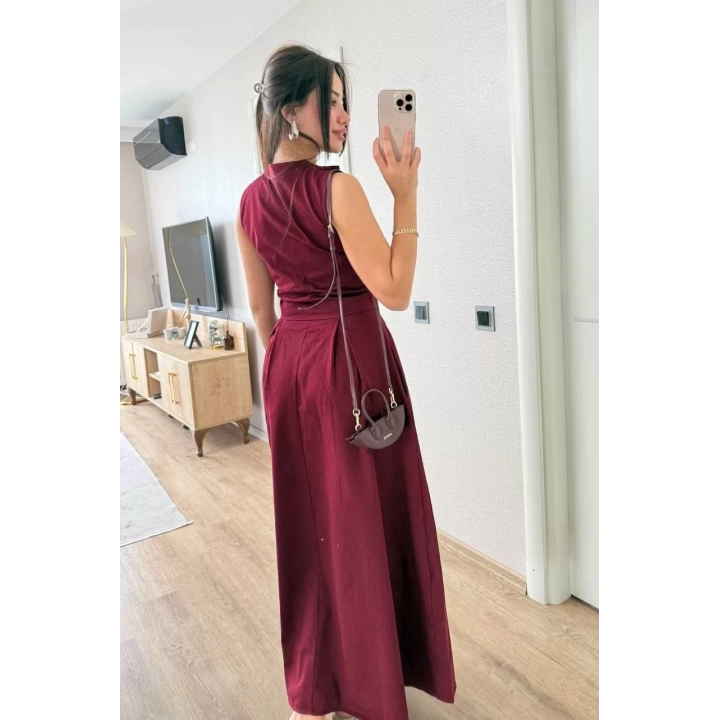 Dik Yuvarlak Yaka Önden Fermuarlı Sifir Kol Beli Oturtmalı Kolsuz Cepli Çan Etekli Uzun Elbise - Bordo