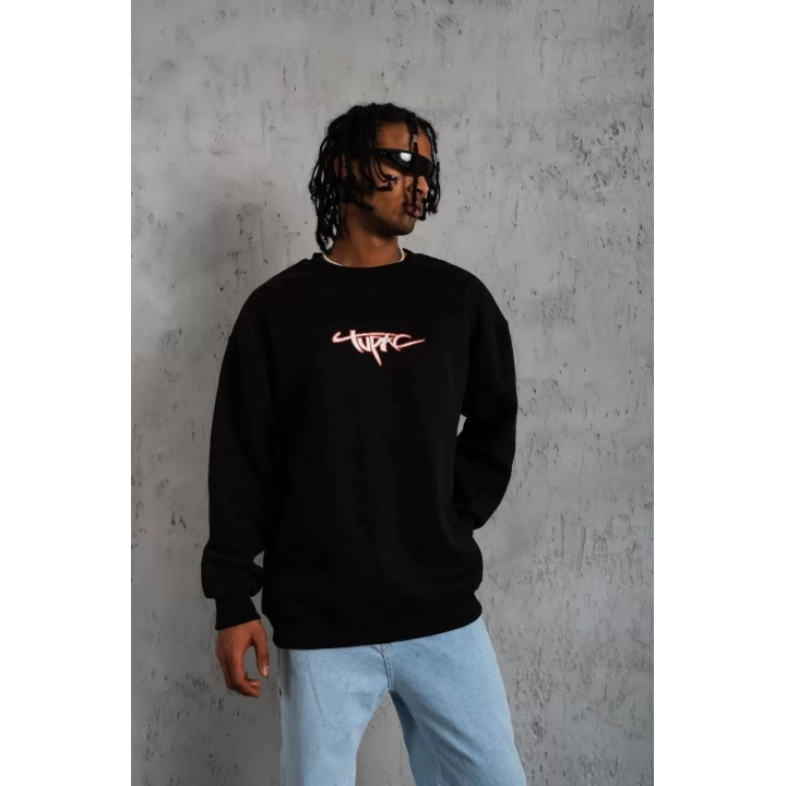 Erkek 3 İplik Gangster Baskılı Sweatshirt - Siyah