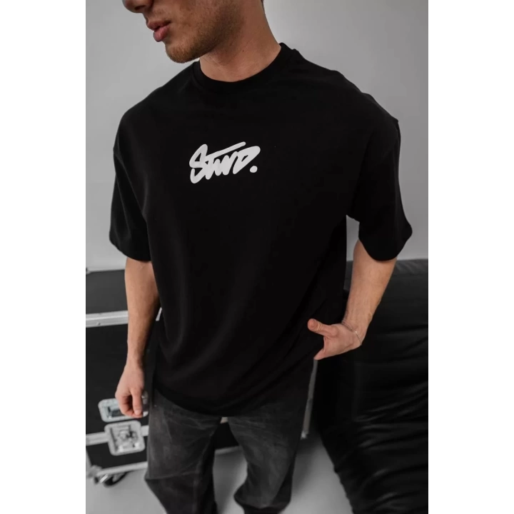 Erkek Baskılı Oversize T-shirt - Siyah