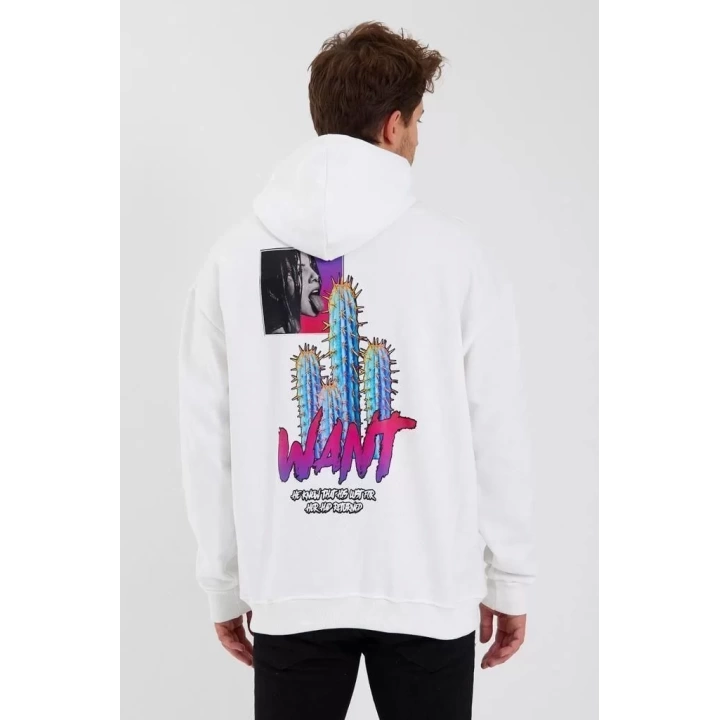 Erkek Baskılı Üç İplik Kapüşonlu Oversize Sweatshirt - Beyaz