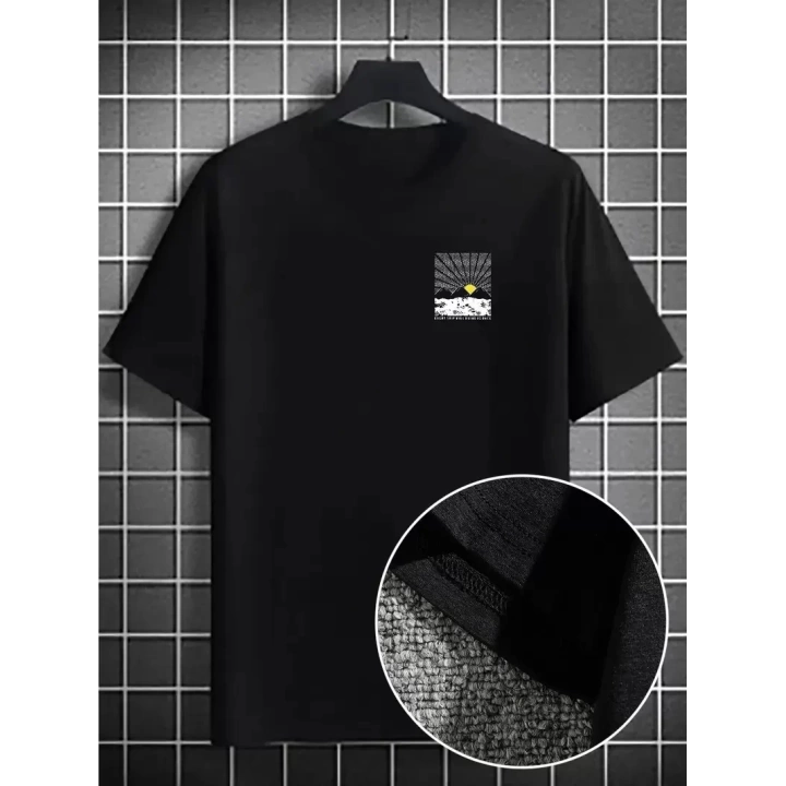 Erkek Dağ Grafikli Tişört, Yaz için Büyük Beden Rahat T-shirt - Siyah