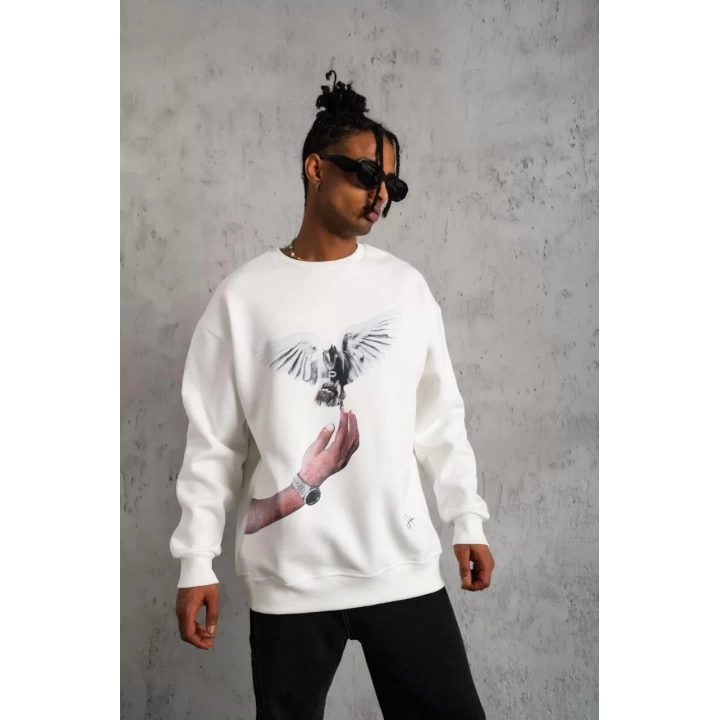 Erkek Güvercin Baskılı Sweatshirt - Beyaz