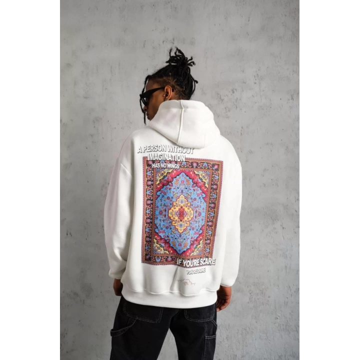 Erkek Kilim Desen Kapüşonlu Sweat- Beyaz