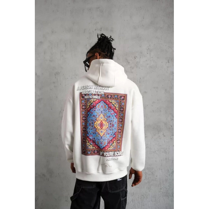 Erkek Kilim Desen Kapüşonlu Sweat- Beyaz