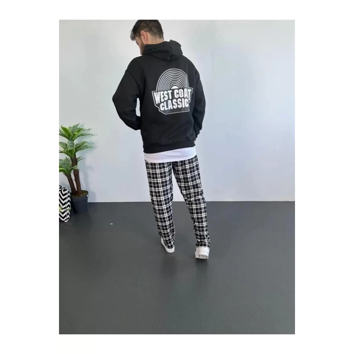 Erkek Sırt Baskılı Kapüşonlu Üç İplik Oversize Sweatshirt - Siyah