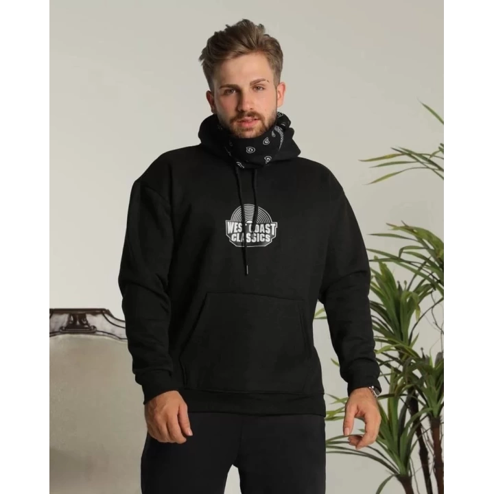 Erkek Sırt Baskılı Kapüşonlu Üç İplik Oversize Sweatshirt - Siyah