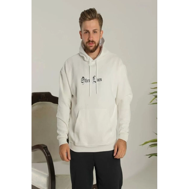 Erkek Sırt Baskılı Oversize Üç İplik Kapüşonlu Sweatshirt - Beyaz