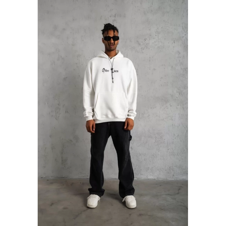 Erkek Sırt Baskılı Oversize Üç İplik Kapüşonlu Sweatshirt - Beyaz