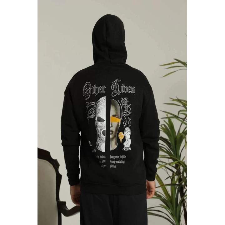 Erkek Sırt Baskılı Oversize Üç İplik Kapüşonlu Sweatshirt - Siyah