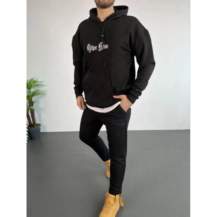 Erkek Sırt Baskılı Oversize Üç İplik Kapüşonlu Sweatshirt - Siyah