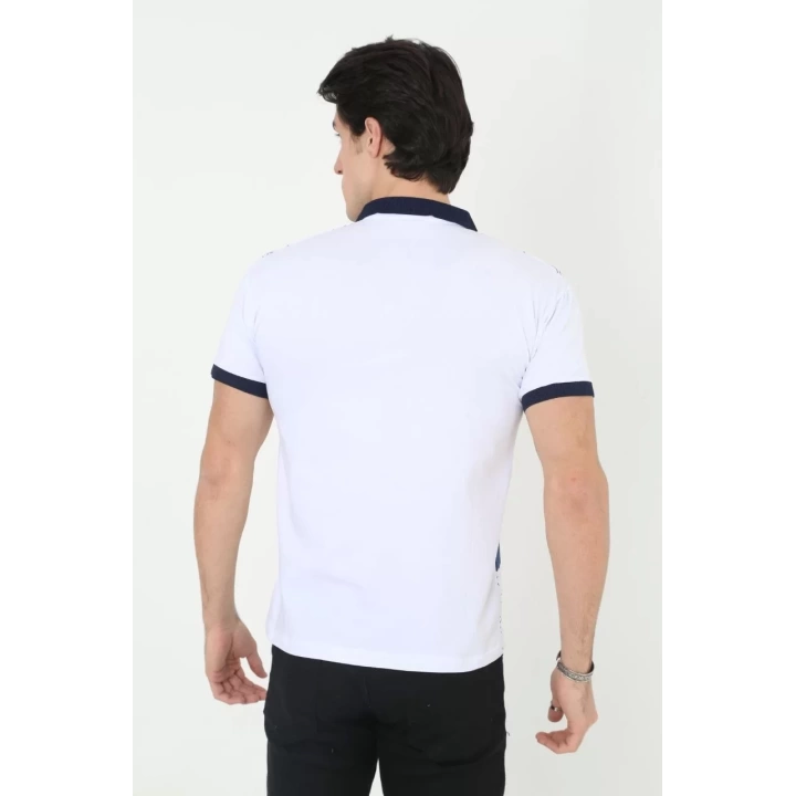 Erkek Yakalı Slim Fit Baskılı T-Shirt - Beyaz