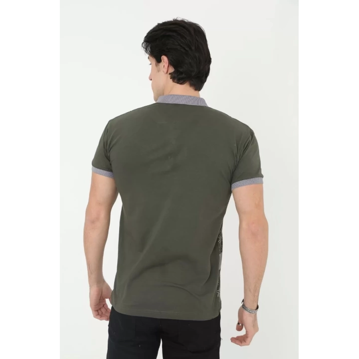 Erkek Yakalı Slim Fit Baskılı T-Shirt - Haki