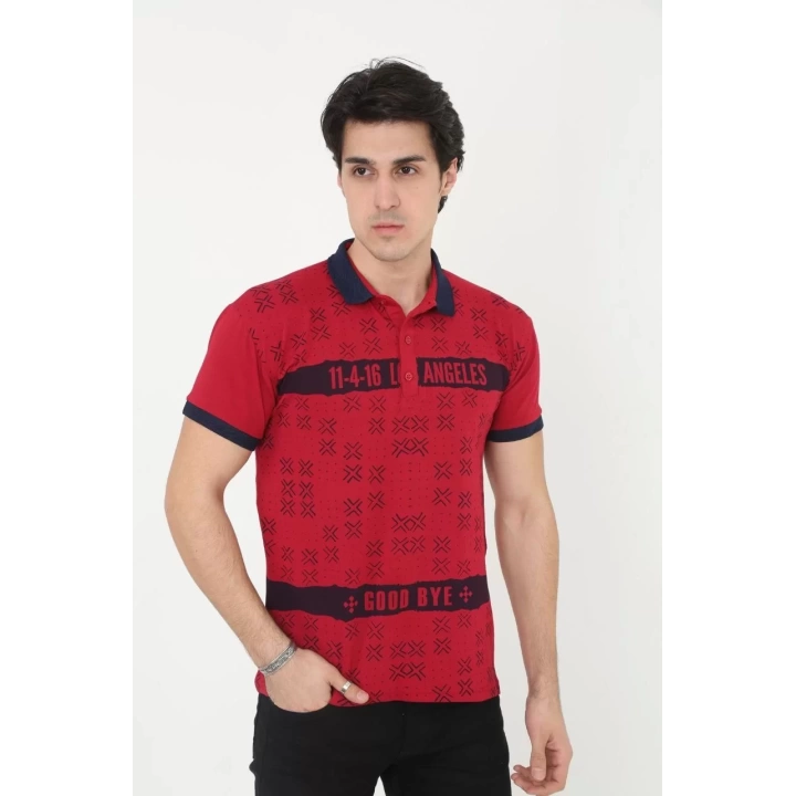 Erkek Yakalı Slim Fit Baskılı T-Shirt - Kırmızı